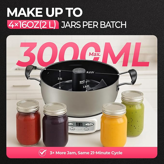 Automatic Jam and Jelly Maker 1000W, 2L Per Batch (≈4 x 16OZ), Electric Pot Stirrer Machine for Homemade Fruit Jam, Jelly & Sauce, Non-Stick Self Stirring Pot, BPA-Free, Replace ball fresh Jam Maker