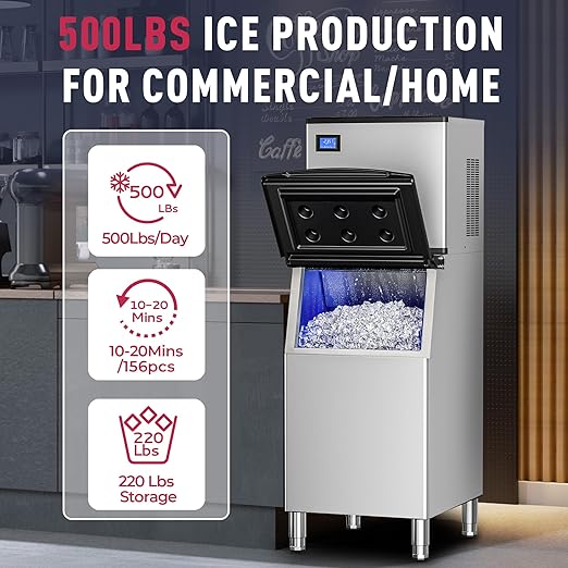 Commercial Ice Maker Machine 500LBs/Day with Filter, 250LBs Storage Bin, SECOP Compressor&ETL Approval Industrial Ice Machine, Auto-Cleaning, Ice Ready in 8-20mins, Cafe/Bar/Business/RST.