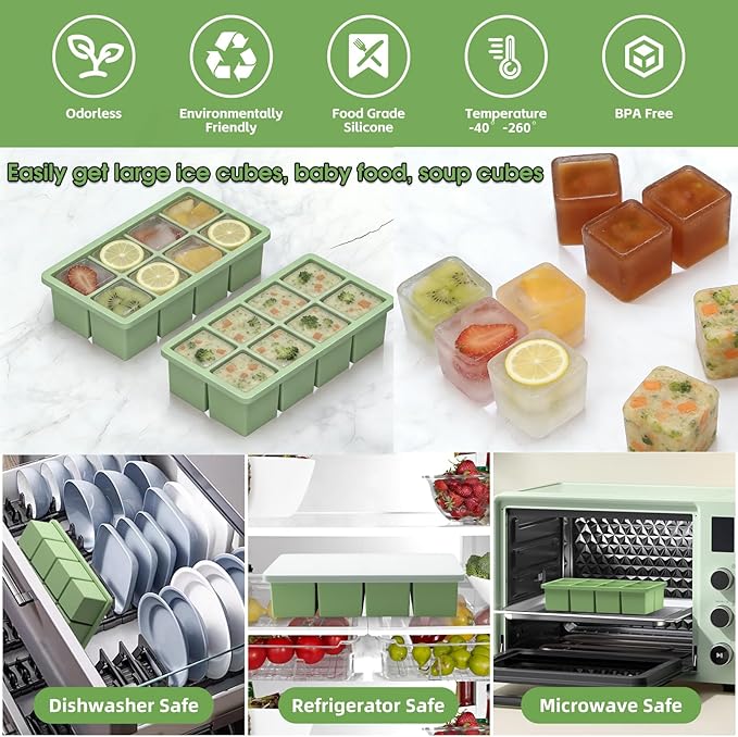 Large Ice Cube Molds, 2 Pack Easy Release Ice Trays for Freezer with Lid, Stackable Square Big Silicone Ice Cube Tray BPA Free Slow Melting for Bourbon Whiskey, Cocktails, Iced Coffee (Green)