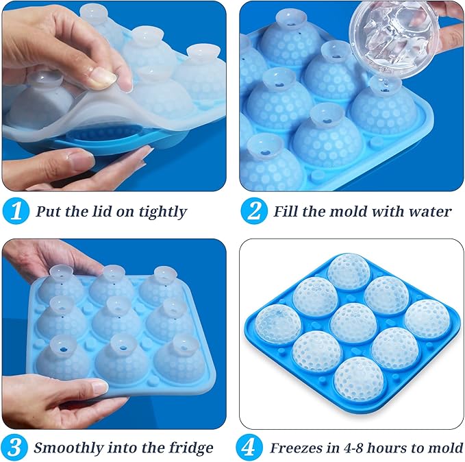Sidosir 2" Large Golf Ice Cube Ball Silicone Molds with Lid, 9-Cavity 3D Golf Gifts Ball Ice Maker Mold for Whiskey and Cocktails
