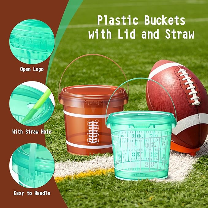 12 Set 25 oz Football Field Plastic Drink Buckets with Straws Handles Lids Reusable Cocktail Rum Buckets 750ml Smoothie Milk Tea Cups Food Containers Pails Sport Party Supplies