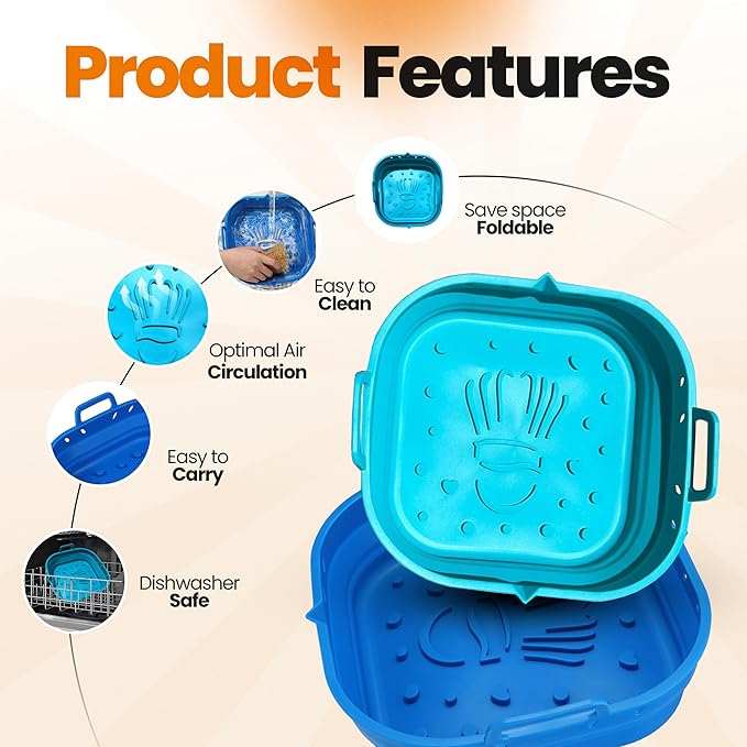 Platinum Silicone Air Fryer Liners Reusable Square-Extra Strong-Easy to Clean Air Fryer basket for Oven Microwave Accessories - BPA Free - Food Safe Pot for 5.8QT to 8 QT - 9 Inch