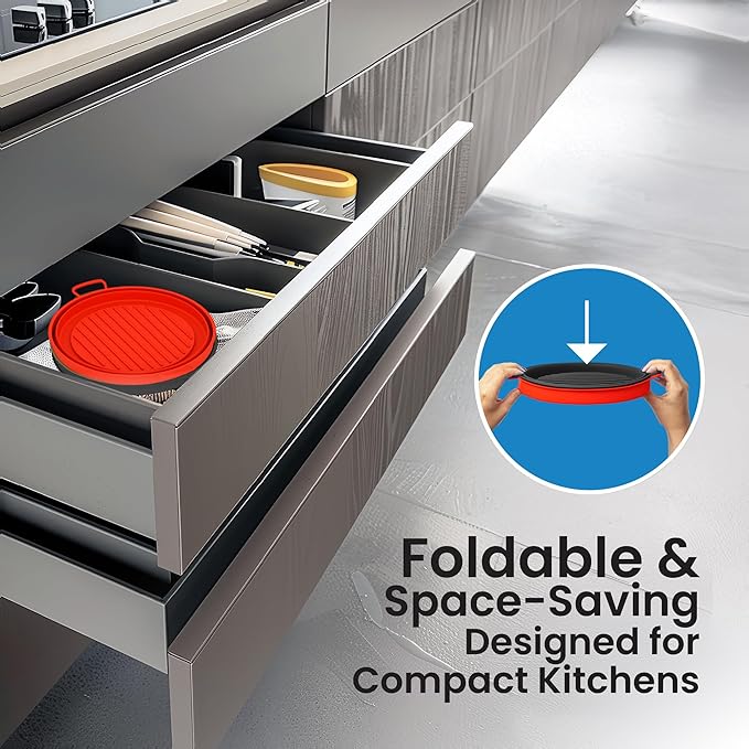 Collapsible Silicone Air Fryer Basket Liners Pot - AirFryer Liners Reusable Bowls for 5 Quart or Bigger As Seen on the Today Show - Air Fryer Accessories 2 Pack - Round Silicone Liners (Red & Black)