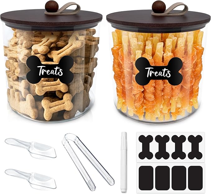 HOYTAMDAR 2 Pack Airtight Dog Food Storage Container,Dog Treat Container Dog Treat Jar with Wood Lids 6x5'',Pet Food Storage Container,Cat Food Container with Scoops,Food Tong,Labels,Pen