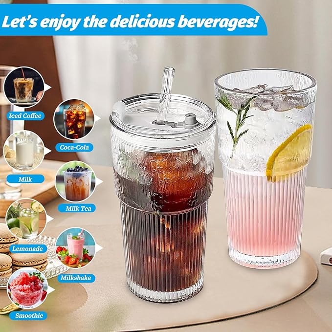 220 oz Glass Tumbler with Lid and Straw, 4 Pack Clear Ribbed Iced Coffee Cup, High Borosilicate Glass Tumbler, Reusable Vintage Glassware for Iced Coffee, Smoothies, Cocktails, and Juices (Pattern)