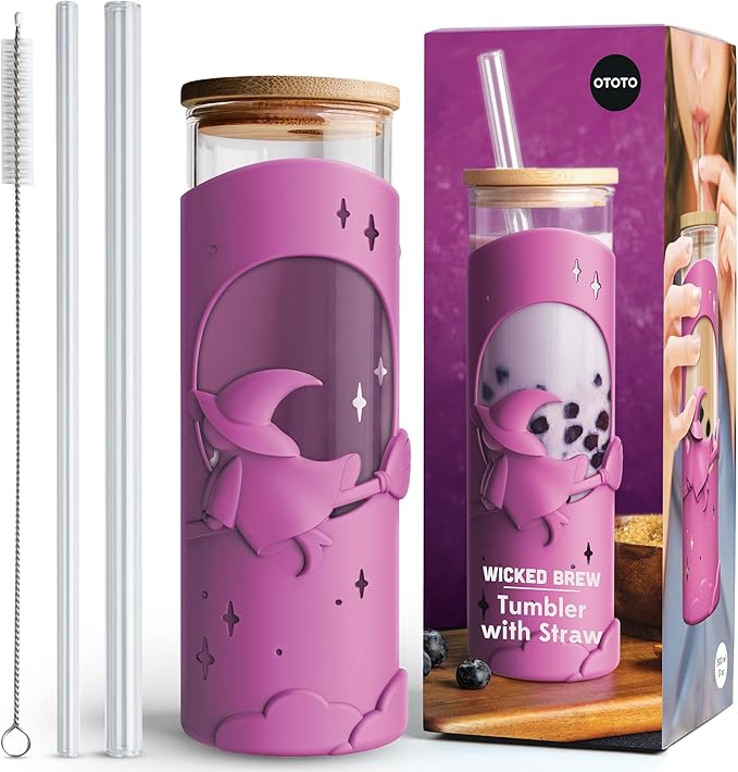 OTOTO Wicked Brew Glass Cups with Lids and Straws - Halloween, Goth Gifts, Spooky Gifts, Goth Accessories, Kitchen Gadgets, Iced Coffee Cups Tumbler with Bamboo Lids, Boba Cup, 16.9oz