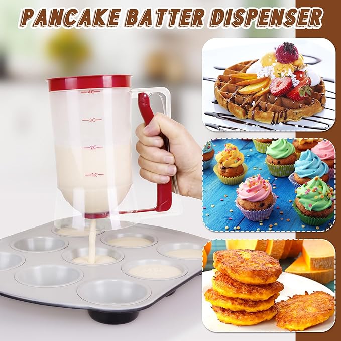 FillTouch 2 Pcs Cupcake Batter Dispenser Pancake Mix Dispenser 4 Cups with Squeeze Handle Tools for Pancake, Cupcake, Cookie, Cake, Waffles, Ice Cream Baking Gifts for Kitchen Housewarming (Red)