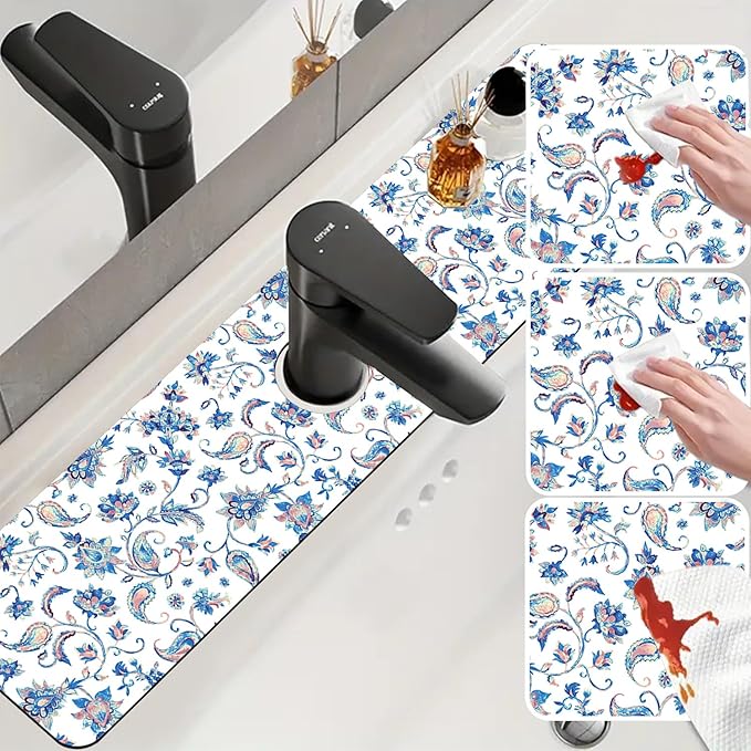 Sink Splash Guard Faucet Mat Paisley Flowers Tulips Leaves Absorbent Fast Drying Mat Sink Gadgets Splash Guard Behind Faucet Drip Catcher for Kitchen Bathroom 23.5"X5.5"