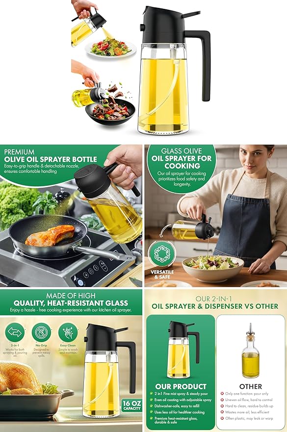 Oil Sprayer and Dispenser 2-in-1, 16oz/470ml Glass Bottle with Flip Cap, Oil Mister for Cooking, Air Fryer, Grilling, Salad, Frying, BBQ, Black