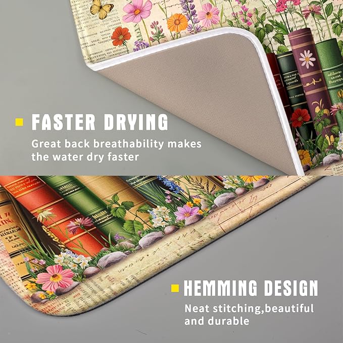 Colorful Books Kitchen Drying Mat - Watercolor Floral Drying Matt Kitchen Counter 16 X 18 In