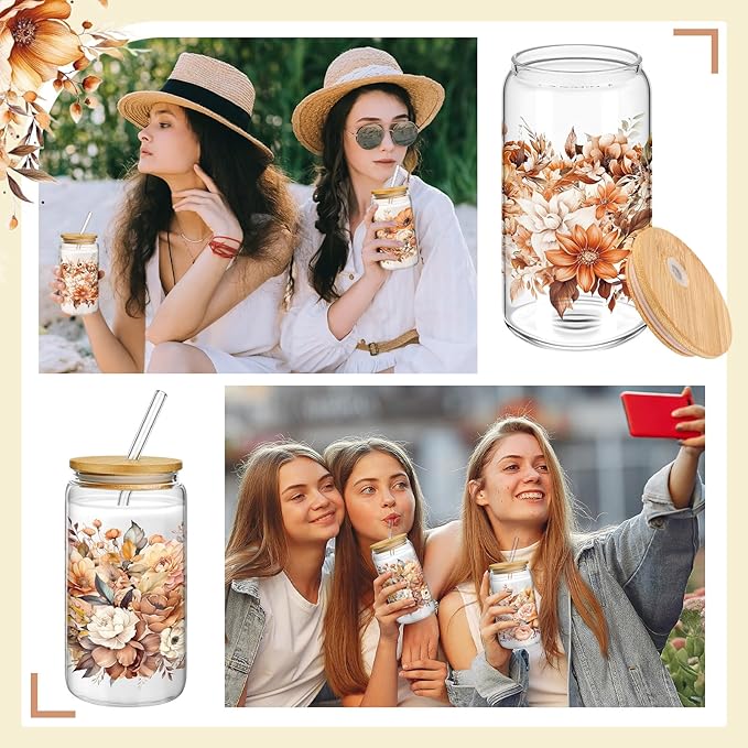 Mumufy 4 Pack Gift for Women Cute Glass Cup Tumbler Flower Iced Coffee Mugs 16 oz Glass with Bamboo Lid & Straw, Mothers Day Birthday Gift for Mom Sister Bridesmaid Baby Shower(Brown Flower)