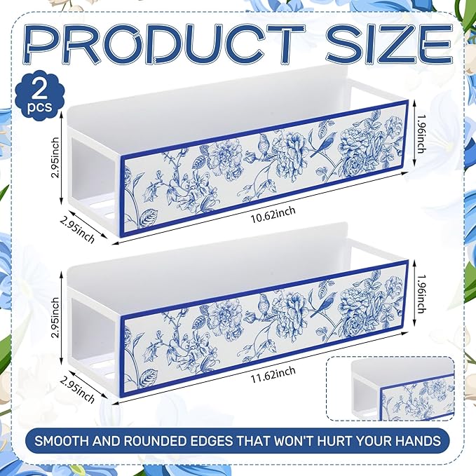 Beeveer 2 Pack Floral and Bird Magnetic Spice Rack for Refrigerator Metal Magnet Basket Shelf for Fridge Seasoning Storage Organizers Home Decor Kitchen Accessories (Blue and White)
