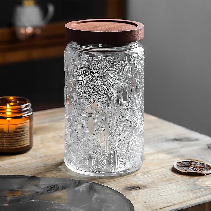 Custde Glass Storage Jars With Airtight Lid, 35oz Container For Kitchen Counter with Wooden Lid, brown sugar, candy, coffee, cookie, salt, tea, cute Jar (35oz Large Sunflower)