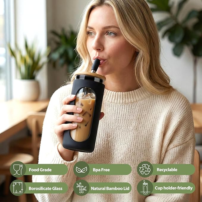Sursip 20 oz Glass Tumbler with Lids and Straws, Reusable Borosilicate Glass Iced Coffee Cup with Bamboo Lid for Smoothie Boba Juice,Travel BPA-Free - Green