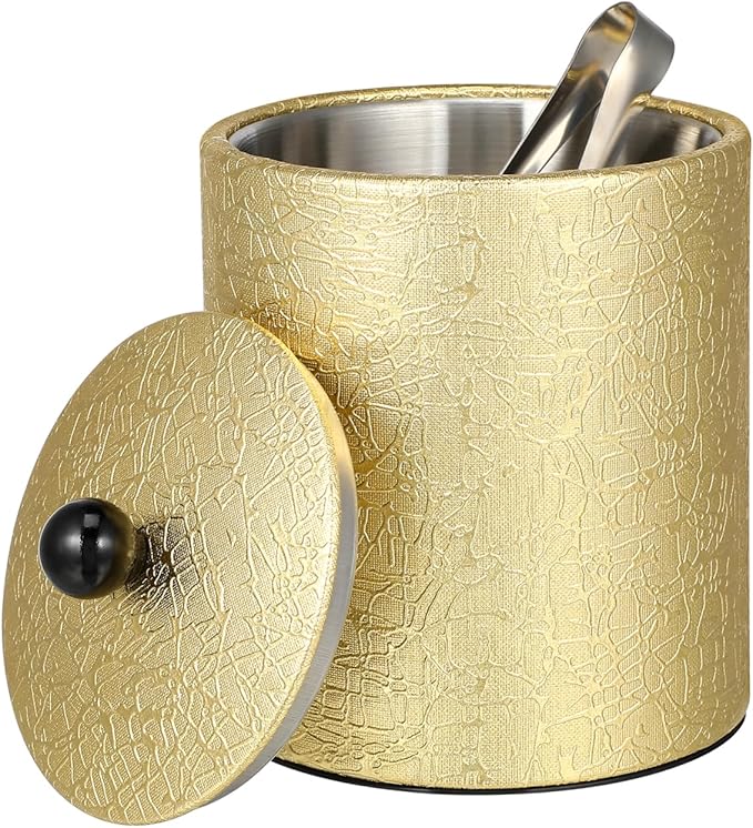 Ice Bucket with Lid 2.8L Double Wall Stainless Steel Keeps Cold Longer Easter Party, Insulated Gold Ice Bucket with Tong and Strainer for Parties Cocktail bar, Wine