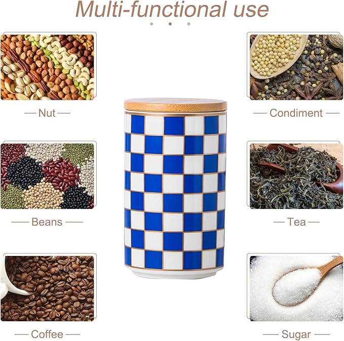 Kitchen Countertop Ceramic Checkered Canisters,Black And White Food Storage Containers With Lid,Airtight Kitchen Canisters for Flour, Sugar, Coffee, Tea, and Dry Goods (Blue, Large)