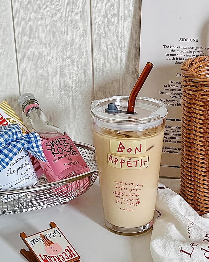 Olvini 15oz Glass Tumbler with Straw and Lid, Cute Iced Coffee Cups, Aesthetic Glass Cups, Coffee Tumbler, Water Cup, Matcha Cup, Drinking Glasses (Bon Appétit)