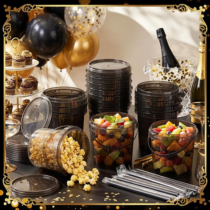 Funnymoom 24 Pack 32 oz Plastic Rum Buckets for Drinks with Straws Ice Cream Cocktail Bucket with Lids and Handles Reusable Food Containers Cup for Parties Summer Beach Bar Beer (Black)