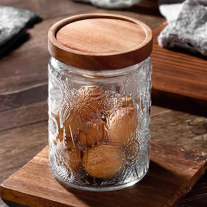 Custde Glass Storage Jars With Airtight Lid, 23.7oz Container For Kitchen Counter with Wooden Lid, brown sugar, candy, coffee, cookie, salt, tea, cute Jar (Sunflower*2)