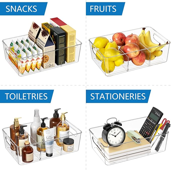 Mpotmiy Pantry Organizers and Storage , 8 Pack Snack Organizer for Pantry Shelf,Food Storage Bins with Divider,Clear Containers for Organizing,Transparent Plastic Basket,Refrigerator and Fridge Bins