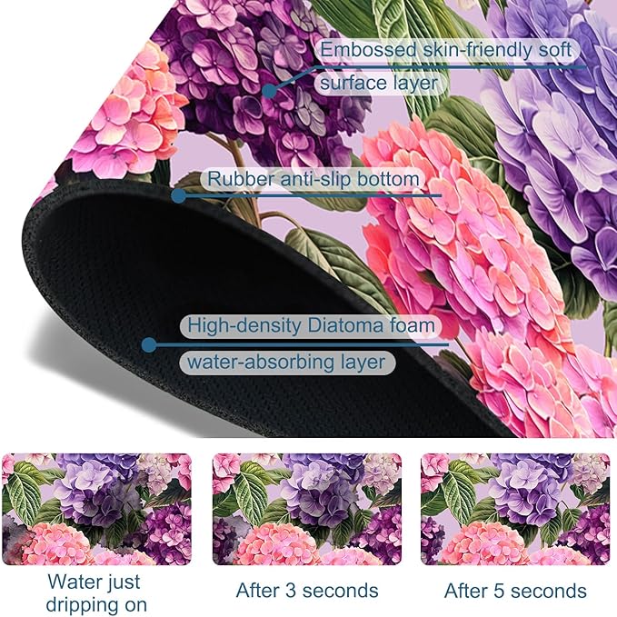 Colorful Hydrangea Kitchen Sink Splash Guard Faucet Mat Purple Pink Hydrangea Super Absorbent Fast Drying Mat Sink Splash Guard Behind Faucet for Kitchen Bathroom, 23.5"x5.5"