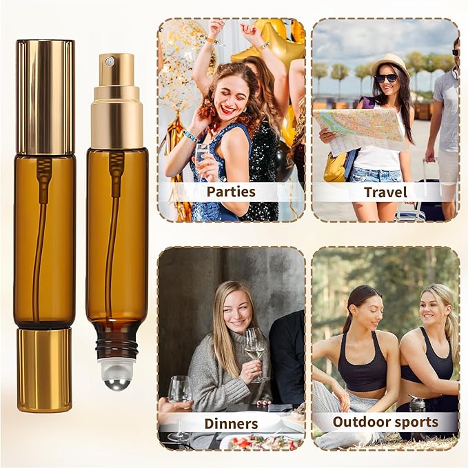 Double Ended Perfume Bottle With Roller Ball &Spray:4 PCS 10ml Amber Refillable Leakproof Travel Atomizer Facial Care with Funnel Tool for Perfume,Cologne,Essential Oils