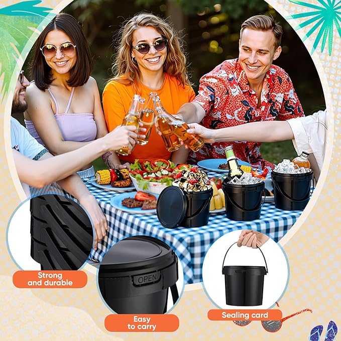 Funnymoom 20 Pack 48 oz Black Buckets with Lid and Handle Plastic Food Storage Containers Round Plastic Pails Freezer and Microwave Safe for Food