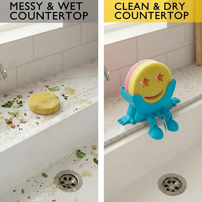 Cute Hanging Sponge Holder with Drainage & Legs, 3D Printed Funny Sink Stand for Round Sponges, Aesthetic Kitchen Sink Edge Organizer, Countertop Decor, Quick-Drying Storage Cleaning Gadget