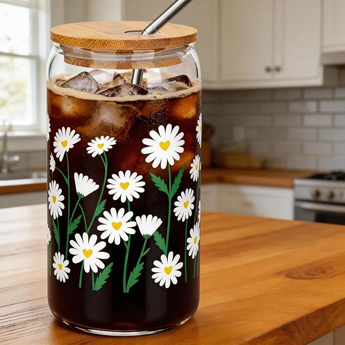 JOYMIA Glass Cups with Lids and Straws — 2026 Update Daisy 16oz Cute Glass Cups Daisy Flower Design Tumbler for Iced Coffee, Smoothies & Juice, Leakproof & BPA-Free, Gift for Women,Mother