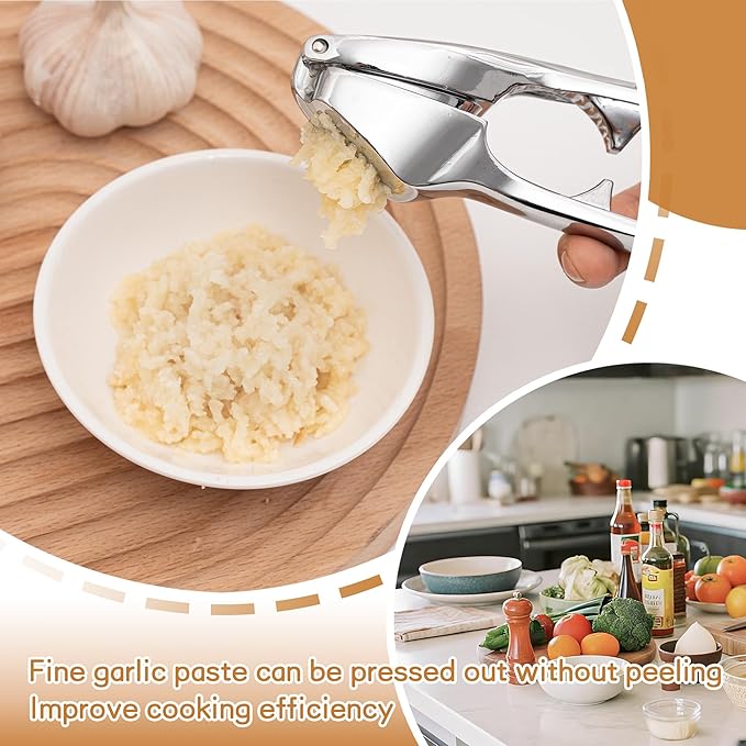 Kitchen Premium Garlic Press - Zinc Alloy Garlic Press effortlessly crushes garlic cloves, ginger chunks, nuts, and seeds. Comfortable to use and dishwasher safe.