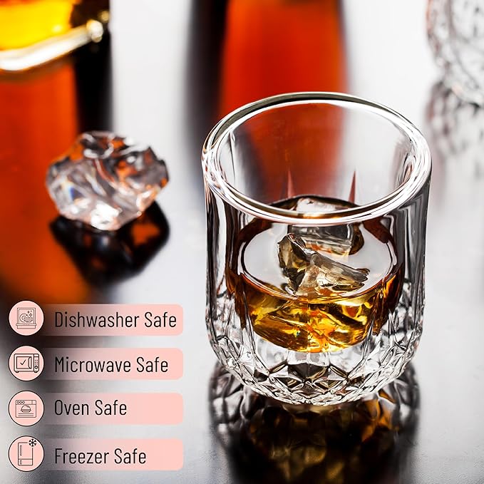 BTaT- Double Walled Drinking Glass, 4 Pack, 7 oz, Stylish Insulated Rocks Glass for Hot and Cold Beverages, Whiskey, Bourbon, Vodka and Scotch