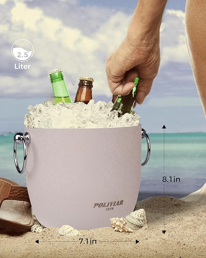 POLIVIAR Ice Bucket, 2.5L Double Wall Ice Bucket with Lid, Stainless Steel Ice Bucket with Tong & Strainer, Ice Bucket for Cocktail Bar, Home & Parties, JX2023-IBLM