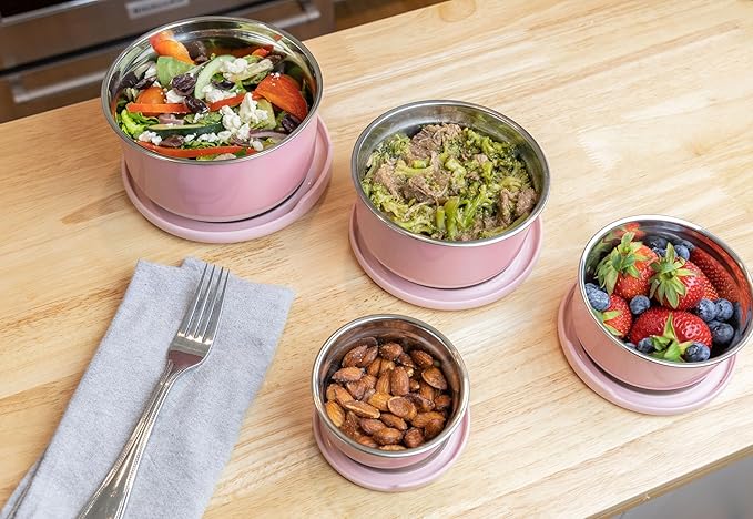 MIRA Stainless Steel Food Storage Set - 4 Anti-Slip Containers for Meal Prep - Multi-Size Pack (1, 2, 3, 5 Cups), Dusty Pink