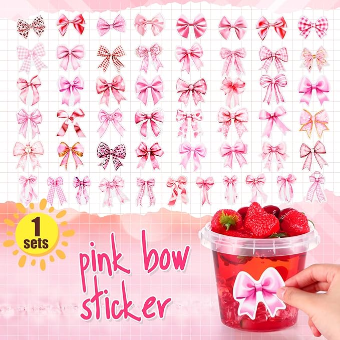 Funnymoom 30 Set Pink Bow Clear Plastic Cups with Lids & Straws 24oz Disposable Rum Drink Buckets Bulk for Cocktail Parties with Handles & Stickers for Holiday Birthday Beach Pool Party Supplies