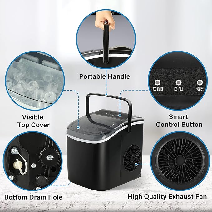 HealSmart Ice Maker for Countertop, 26lbs Ice/24Hrs, 9 Ice Cubes Ready in 6 Mins, Self-Cleaning Feature, Ice Spoon and Basket Included, for Home, Kitchen, Camping, Party, Black New