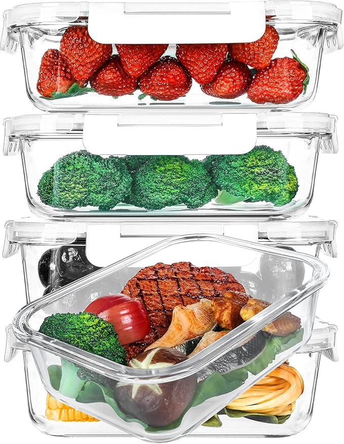 [5-Packs, 36 Oz.] Glass Meal Prep Containers with Locking Lids Glass Food Containers,Airtight Lunch Container,Microwave, Oven, Freezer and Dishwasher (4.5 Cup, White)