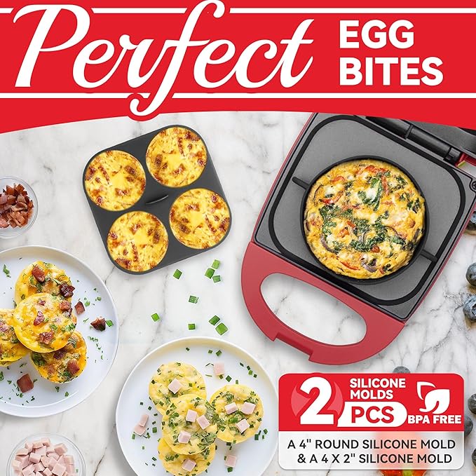 SugarWhisk Egg Bite Maker with 2 Silicone Egg Molds for Breakfast Sandwiches, Breakfast Maker, Omelet Pan, Healthy Snacks or Desserts, Red