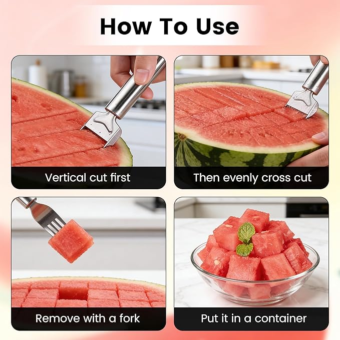 2-in-1 Stainless Steel Fruit Cutter, 2026 New Watermelon Fork Slicer Tool, Dual Head Watermelon Cutter Knife for Home Kitchen Gadget (1pcs)