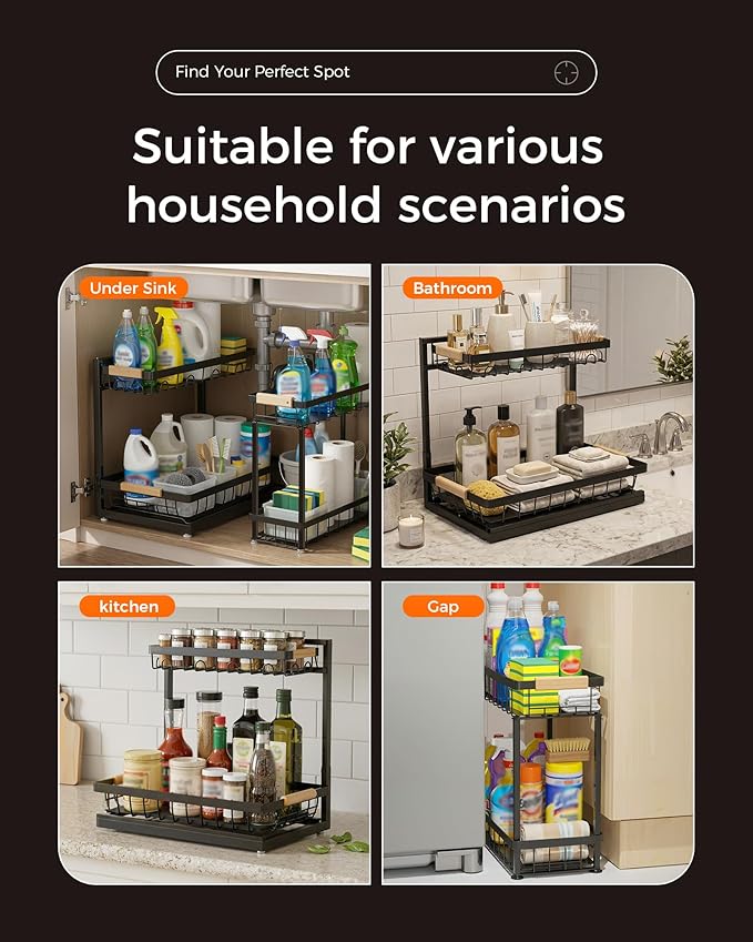 Sevenblue 3 Pack Under Sink Organizer, Height Adjustable 2 Tier Pull-Out Metal Under Kitchen Sink Organizer, Multi-Purpose Storage Shelves for Kitchen Bathroom Cabinet