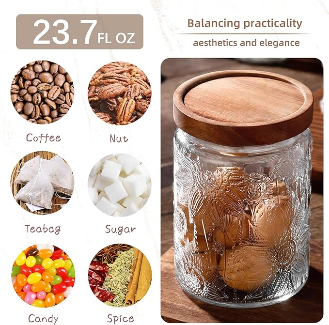 Custde 23.7 fl oz Vintage Glass Jar with Wooden Lid, Airtight Decorative Food Storage Canisters for Kitchen Counter & Pantry, Ideal for Candy, Sugar, Coffee,salt, Tea, Cereal, Flour, Oats