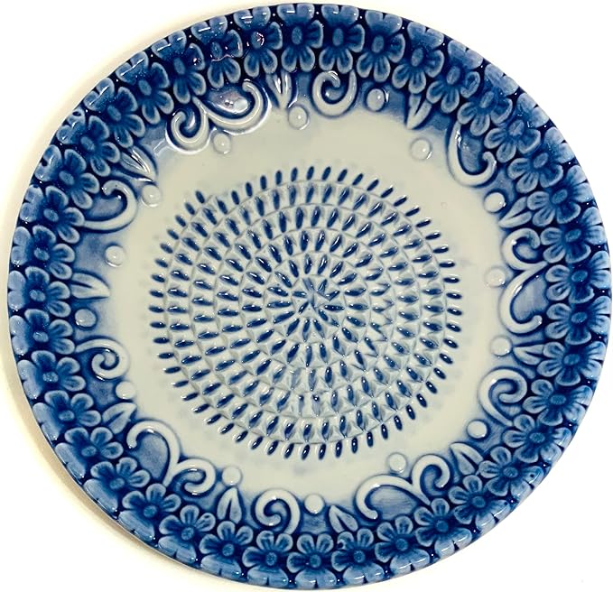 BonCera, All-in-one Premium Ceramic Garlic Grater Plate 4-Piece Set - Blue Embossed Design and Style - For Garlic, Ginger, Chocolate, and more! - Comes with 5.25" Plate, Peeler, Brush, and Stand