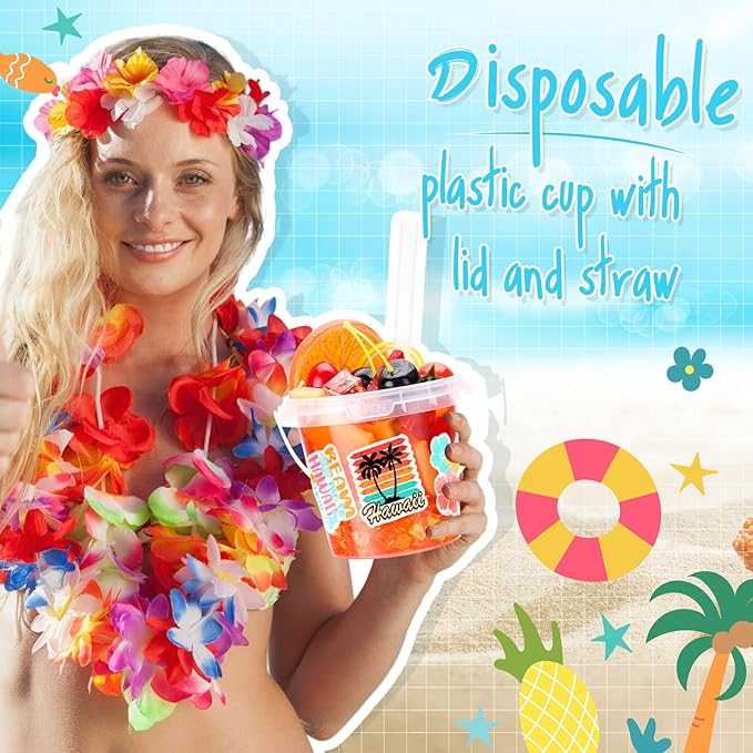 Funnymoom 30 Sets Clear Plastic Cups 24 oz Ice Cream Buckets with Lids & Straws Disposable Drink Cups Cocktail Pails Bulk with Handles and Stickers for Outdoor Beach Birthday Pool Party(Hawaii)