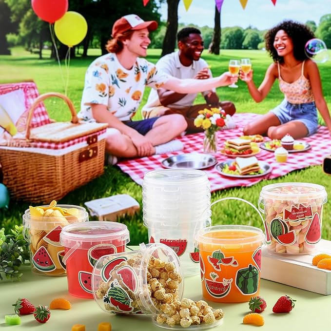 PerKoop 20 Pcs 32 oz Ice Cream Buckets with Lids and Handles Clear Cocktail Rum Buckets with Stickers Plastic Transparent Tub Reusable Food Storage Containers for Parties(Watermelon)