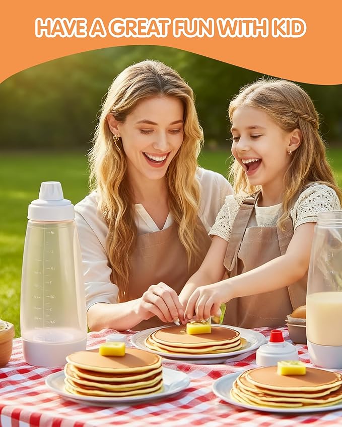 Pancake Batter Dispenser & Mixer with BlenderBall Whisk, 2-Pack 33oz Leak-Proof Squeeze Bottles with Base for Pancakes, Crepes, Waffles, Muffins & Cupcakes