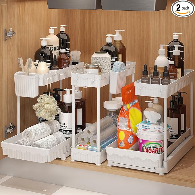 Sevenblue 3 Pack Multi-Purpose Under Sink Organizers and Storage, 2026 L-Shaped Pull Out Cabinet Organizer for Bathroom & Kitchen, Under Cabinet Organizer with Hooks Hanging Cup (White, 12.85 inch)