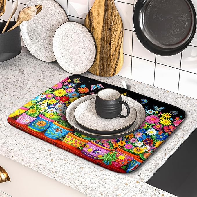 Colorful Floral Dish Drying Mat 16 X 18 Black Spring Flowers Absorbent Microfiber Kitchen Decor Counter Mats