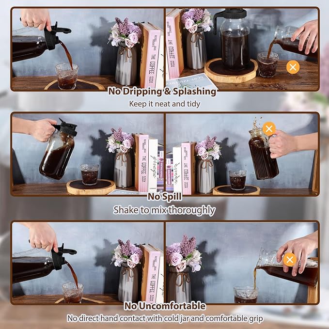 Glyntrof Cold Brew Coffee Maker Pitcher, Black 64 Oz Heavy Duty Wide Mouth Glass Mason Jar pour spout Lid with Stainless Steel Filter for Iced Coffee, Ice Drinks