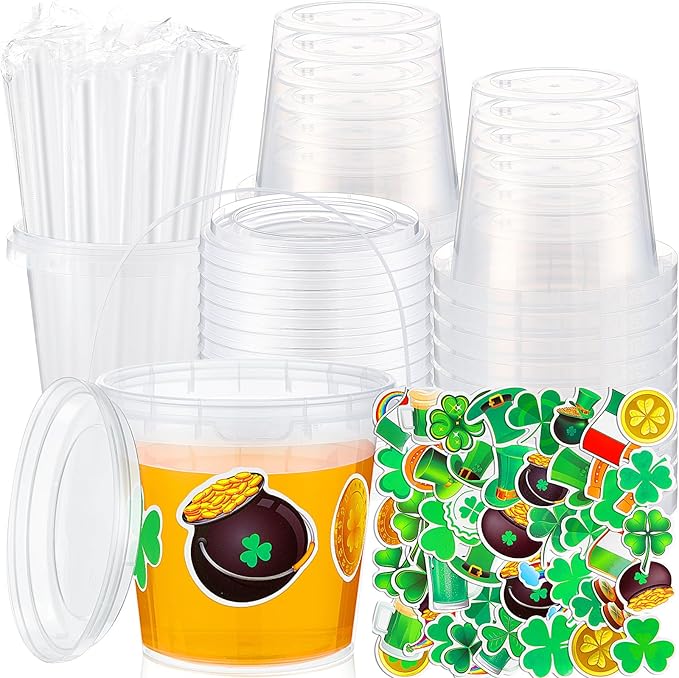 Funnymoom 30 Set St. Patrick's Day Cups 24oz Clear Plastic Rum Buckets with Lids Straws & Shamrock Stickers Disposable Pot of Gold Treat Pails Irish Green Party Favors for Adults Pub Crawl
