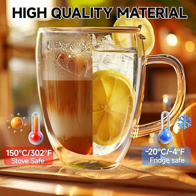 YMMIND Set of 2 Double Walled Glass Coffee Mugs 16 Ounces Insulated Layer Coffee Cups with Handle Borosilicate Glass Espresso Cup for Hot Beverage,Cappuccino,Tea,Latte,Wine,Microwave Safe