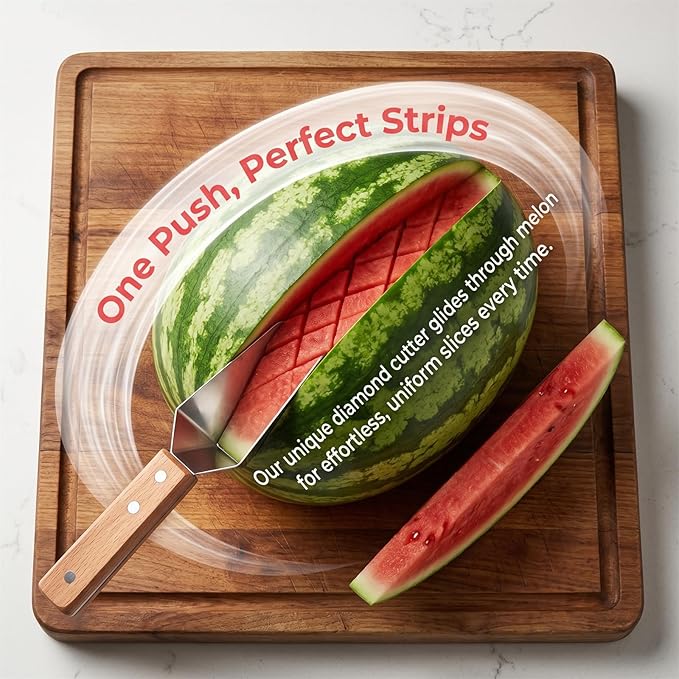 Premium Watermelon Cutter, Stainless Steel Watermelon Cutter Slicer Tool with Wooden Handle, Comfortable Non-slip Handle Multi-Functional Fruit Tool for Watermelon, Cantaloupe & Honeydew (2pcs)